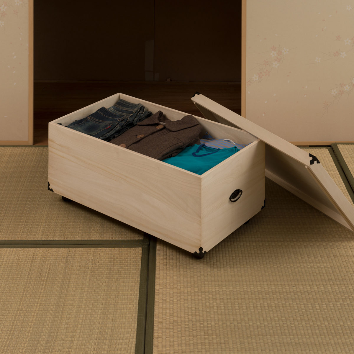 桐 衣装ケース 1段 押入れ収納 衣裳箱 キャスター付 隅金具 高さ41.5cm