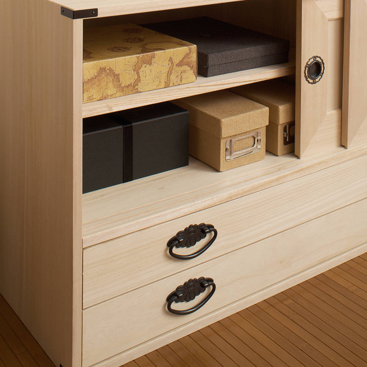 桐　衣裳箱　引戸　幅100　扉付　引出　2段　上置　桐タンス　着物　収納　タンス 桐タンス引戸2段＋3段チェスト高さ90 クーポン使用不可 送料無料 hi