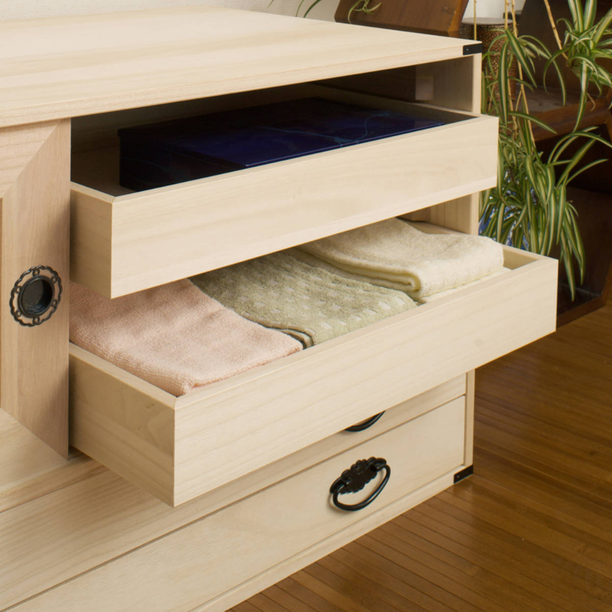 ☆【和箪笥】桐製タンス 引き出し付き 桐タンス 幅99.5cm 引出し2段 上置き兼用 引戸 日本製 （ 桐箪笥 収納