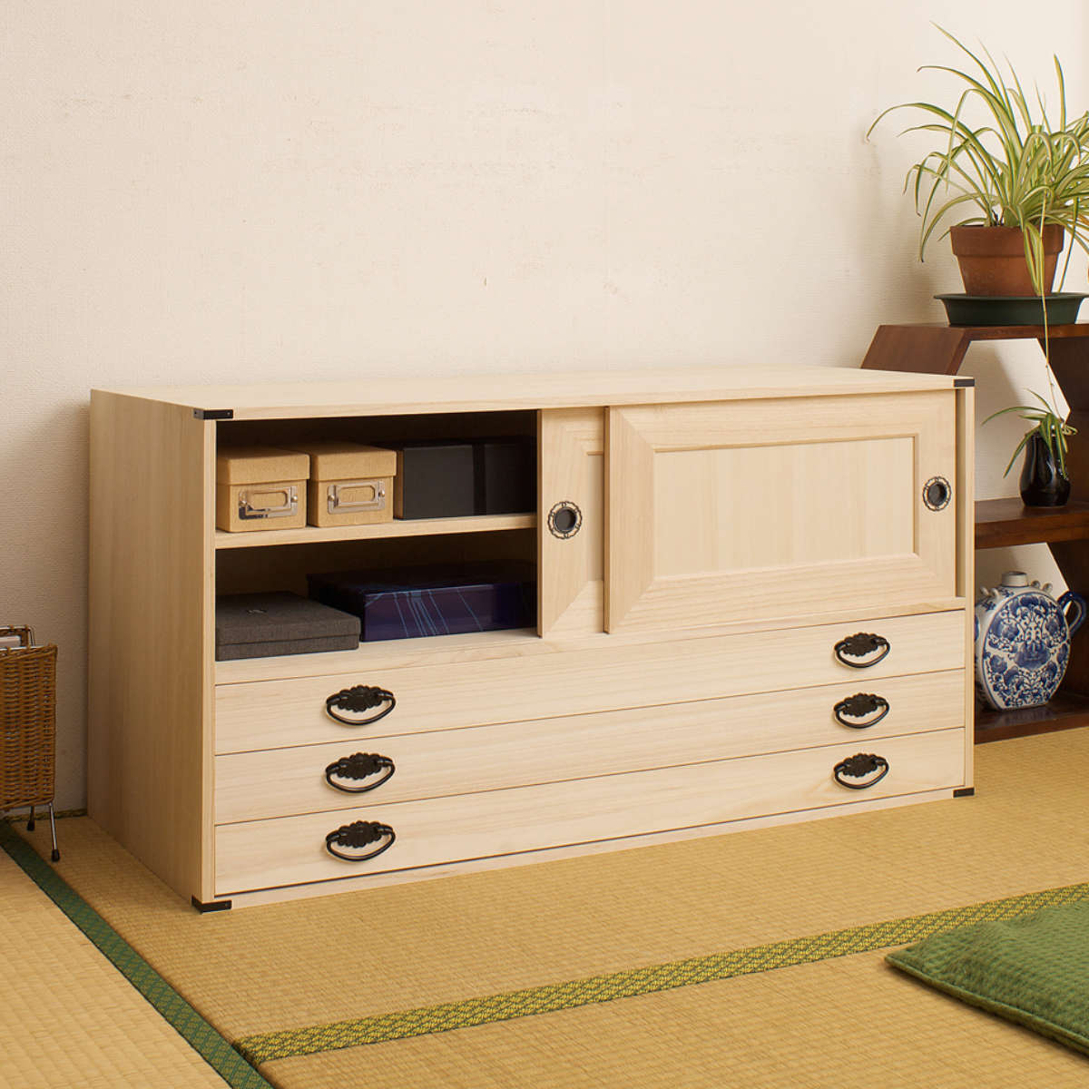 桐タンス 幅99.5cm 引出し3段 上置き兼用 引戸 日本製 （ 桐箪笥 収納