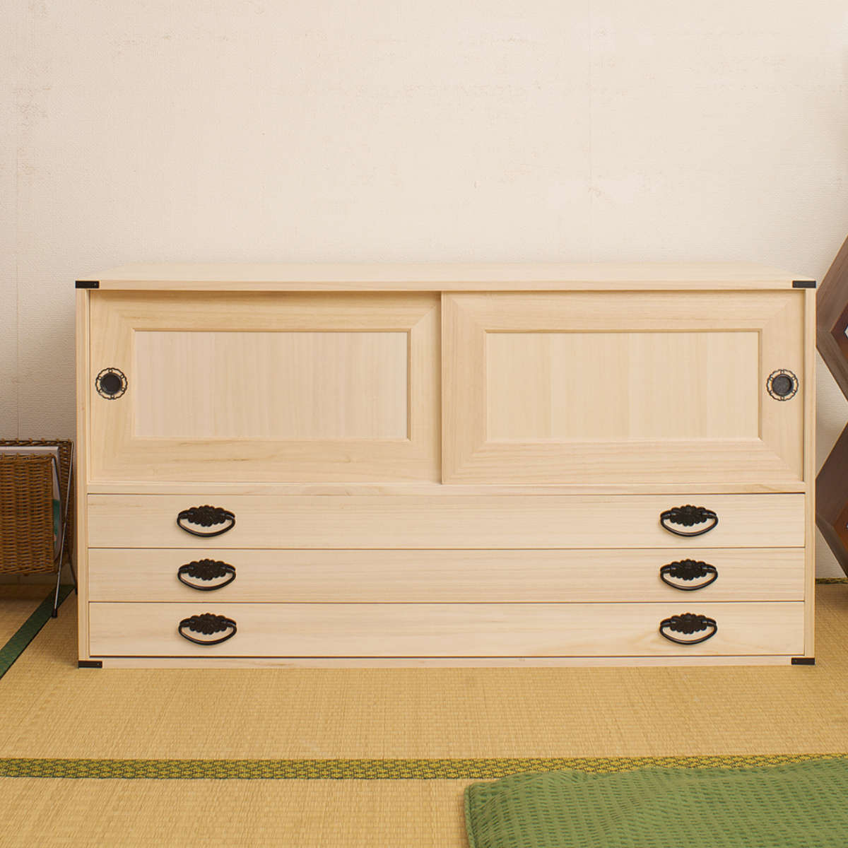 桐タンス 幅99.5cm 引出し3段 上置き兼用 引戸 日本製 （ 桐箪笥 収納