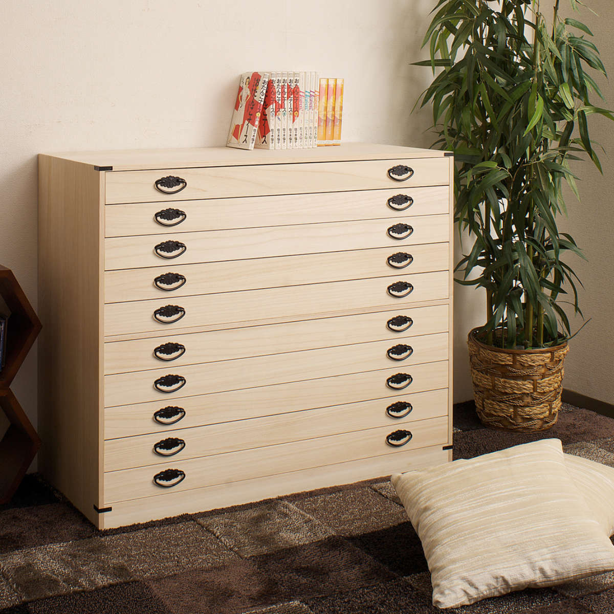 桐たんす 着物用 浅型 10段 桐タンス 台輪あり 日本製 約幅100cm （ 桐