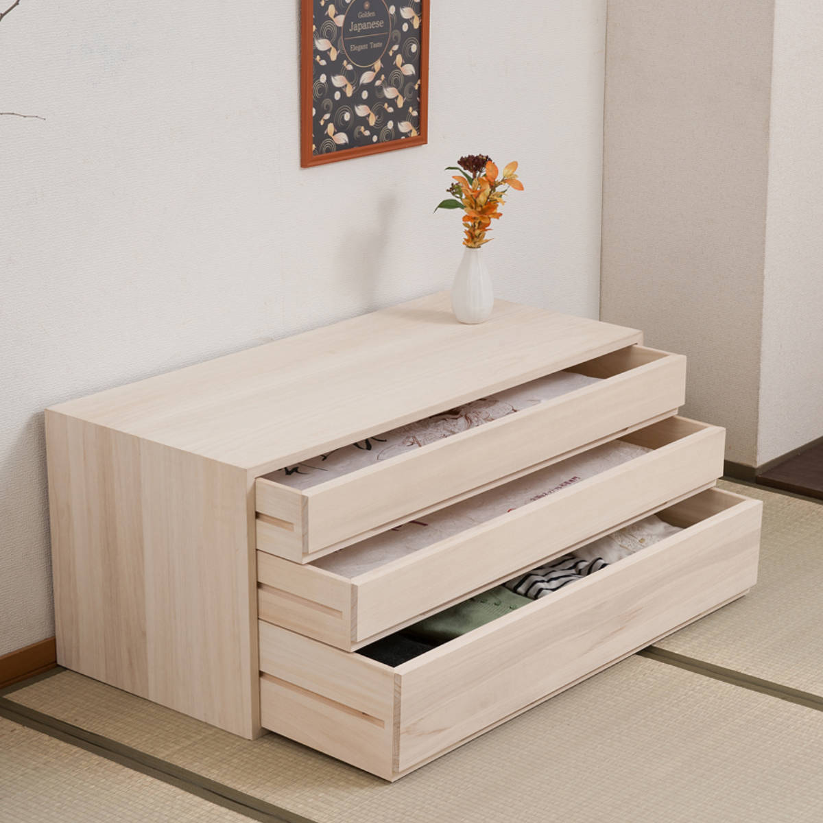 桐タンス 3段 桐収納 日本製 白木仕上げ 幅100cm （ 桐たんす 桐 箪笥