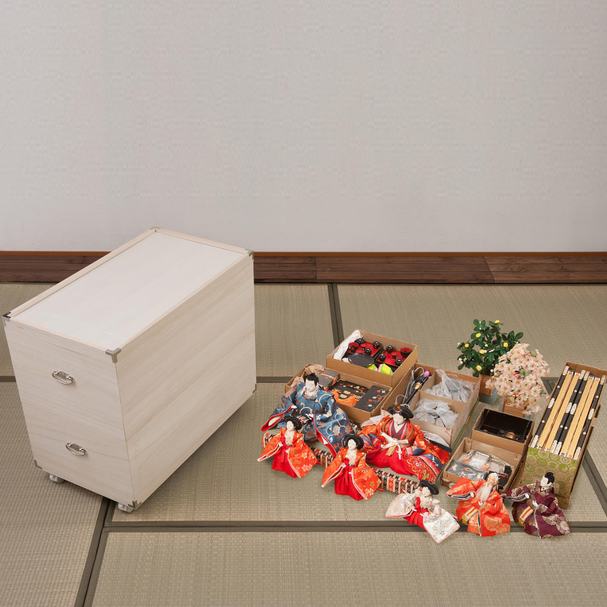 桐衣装箱 2段 日本製 ひな人形ケース 竹炭シート入り 高さ63.5cm