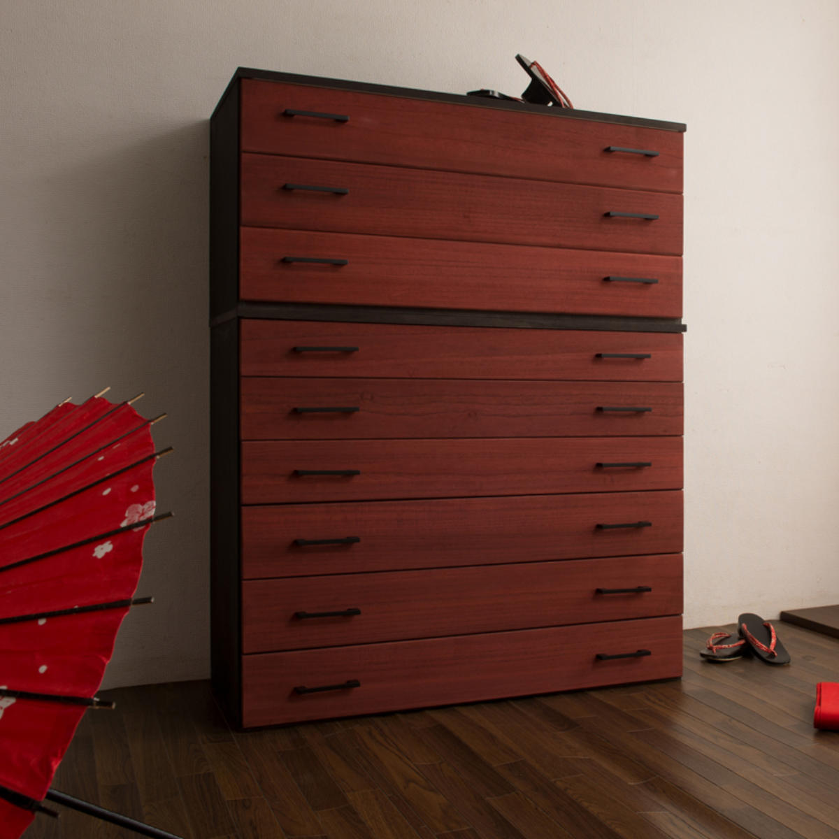 桐タンス 3段 桐チェスト 和モダン 朱雀 上置き用 幅98cm （ タンス