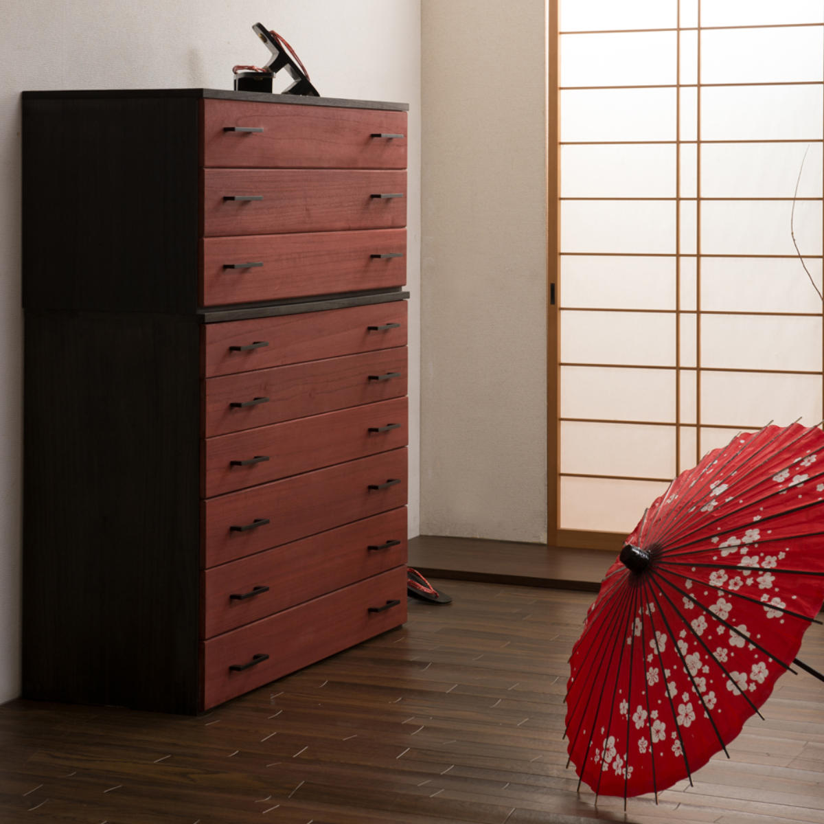 桐タンス 3段 桐チェスト 和モダン 朱雀 上置き用 幅98cm （ タンス