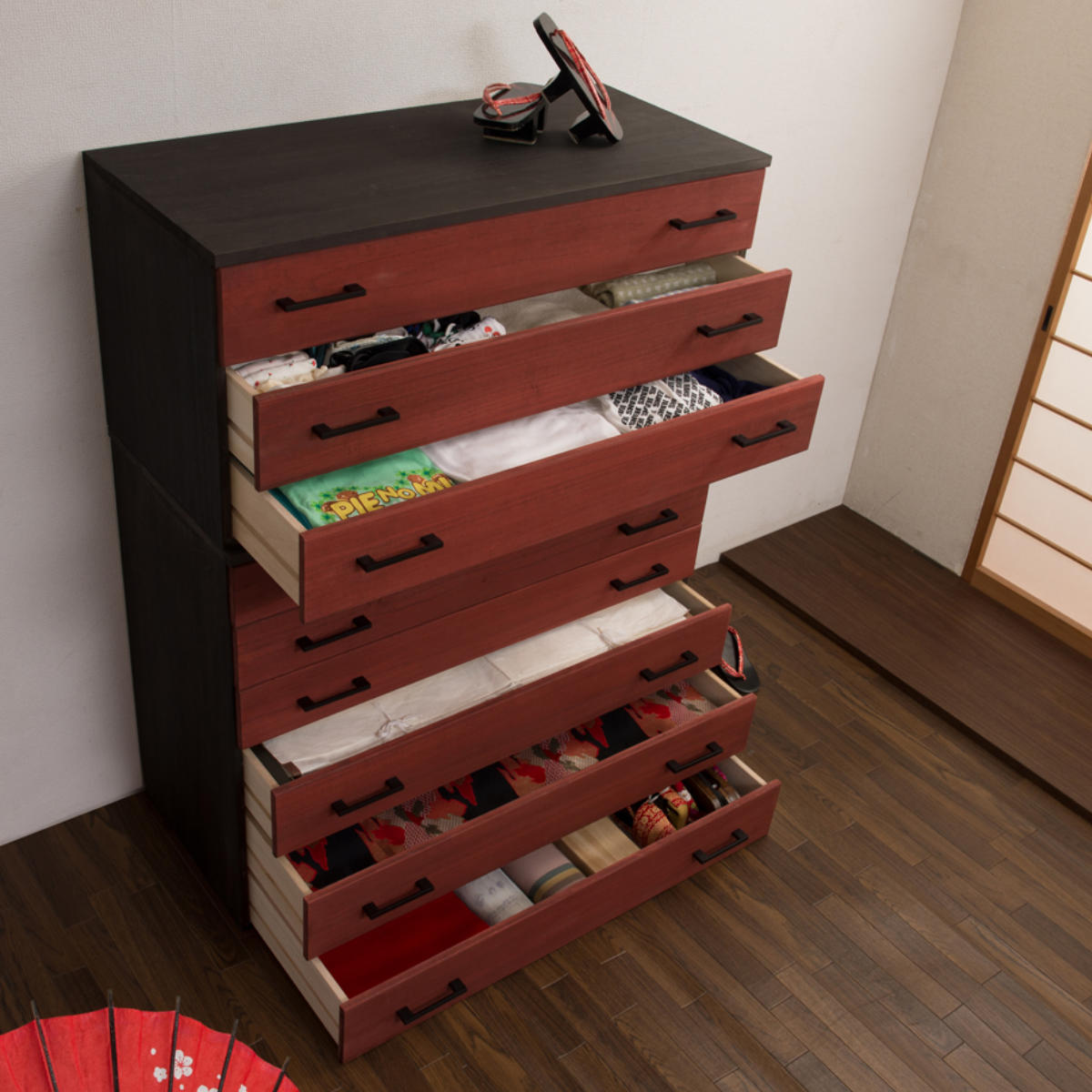 桐タンス 3段 桐チェスト 和モダン 朱雀 上置き用 幅98cm （ タンス