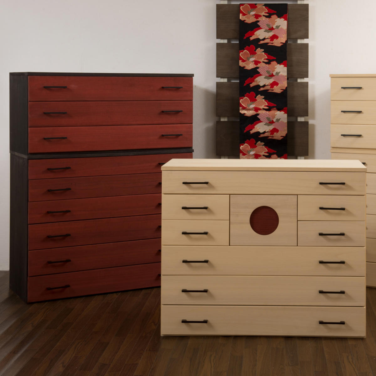 桐タンス 3段 桐チェスト 和モダン 朱雀 上置き用 幅98cm （ タンス