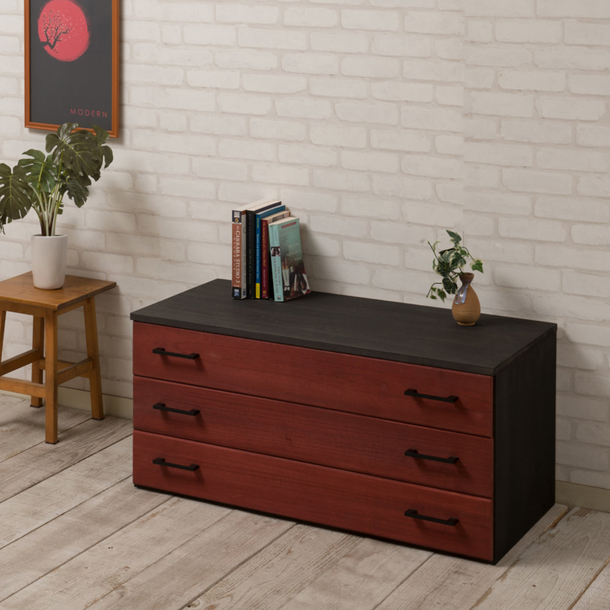 桐タンス 3段 桐チェスト 和モダン 朱雀 上置き用 幅98cm （ タンス