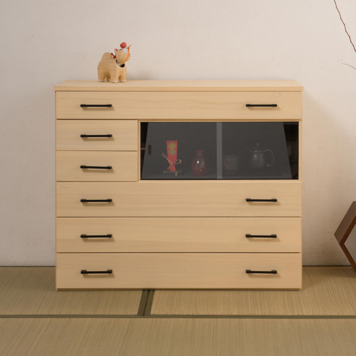 桐タンス 6段 桐チェスト 和モダン ガラス引き戸 日本製 茶の香 幅98cm