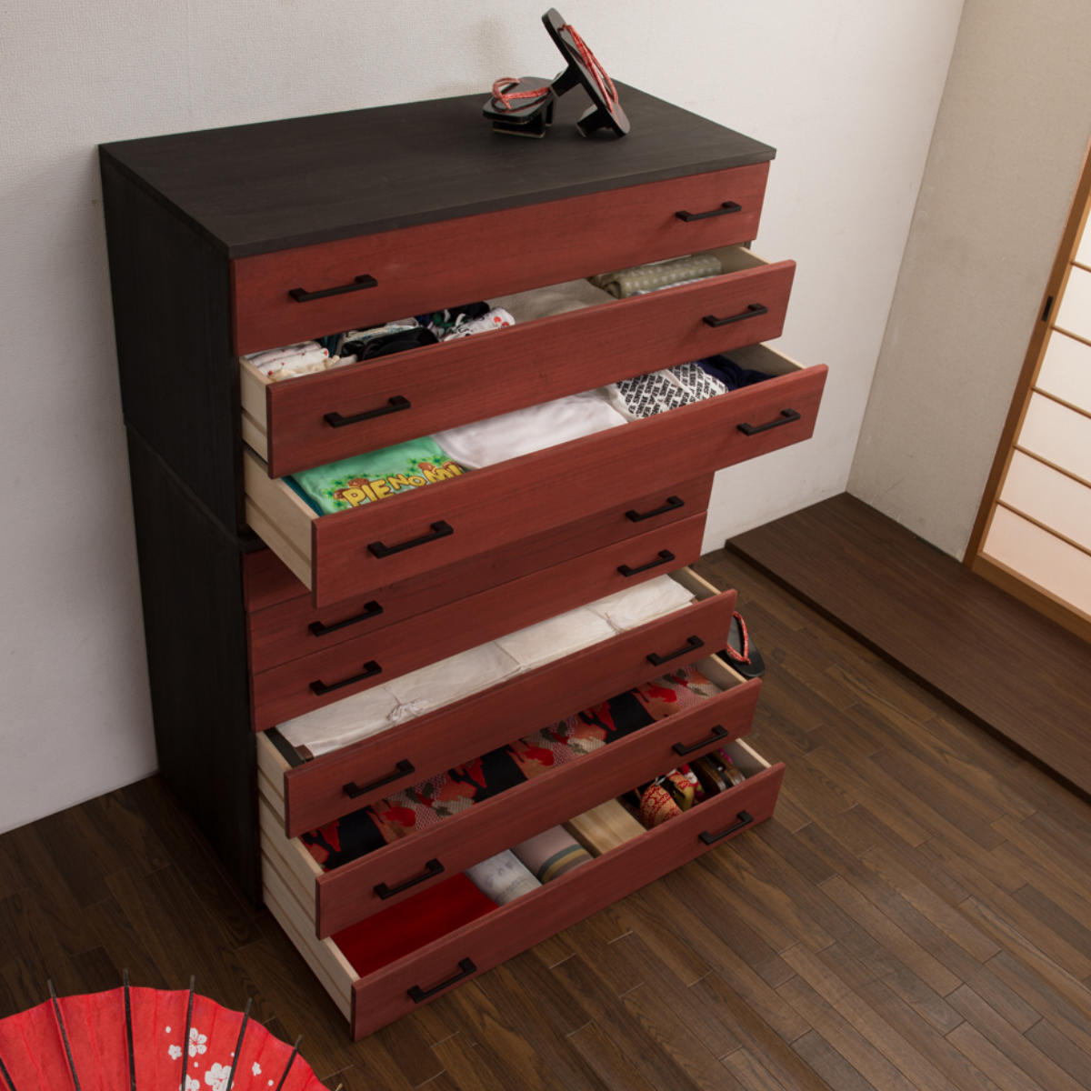 桐タンス 6段 桐チェスト 和モダン 朱塗り前板 日本製 朱雀 幅98cm