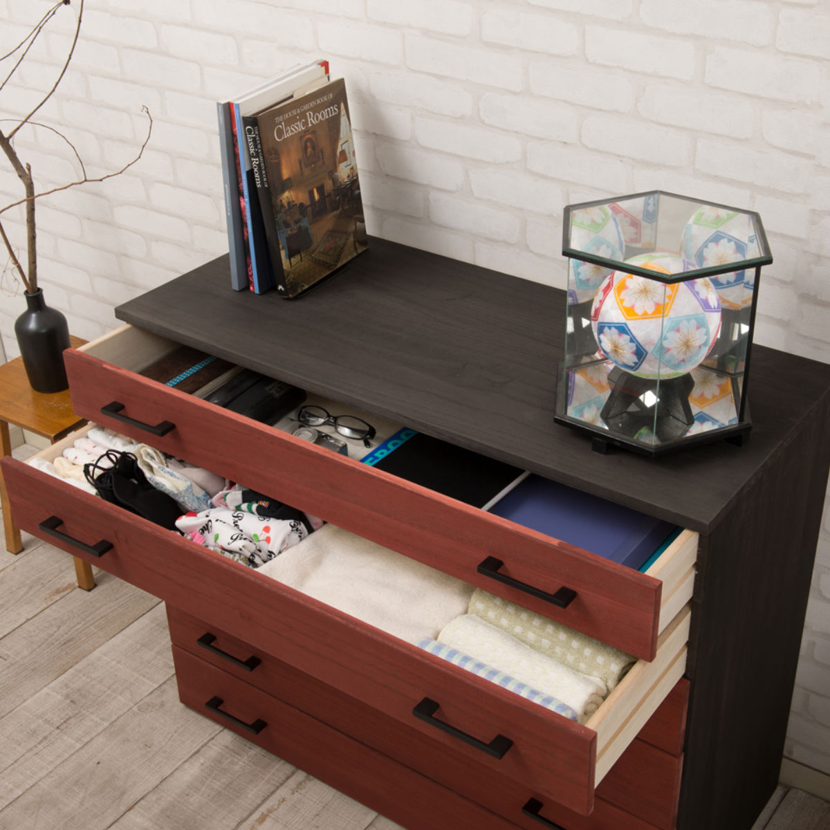 桐タンス 6段 桐チェスト 和モダン 朱塗り前板 日本製 朱雀 幅98cm