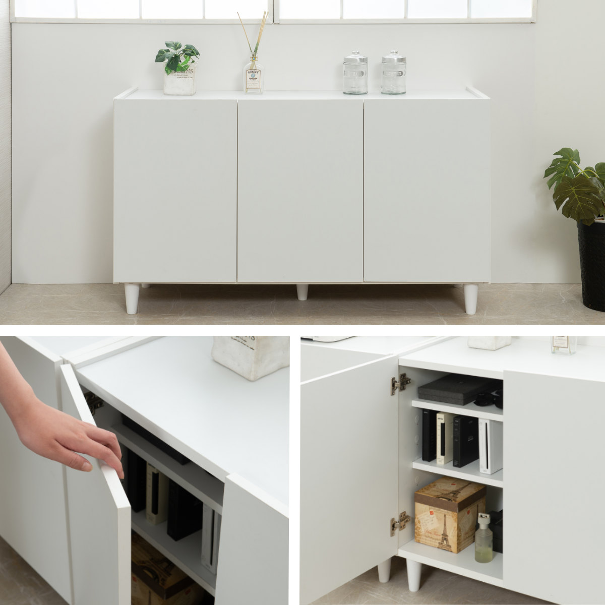 キャビネット 幅118cm 開き戸 3枚扉 フレンチシャビー 日本製 （ 収納