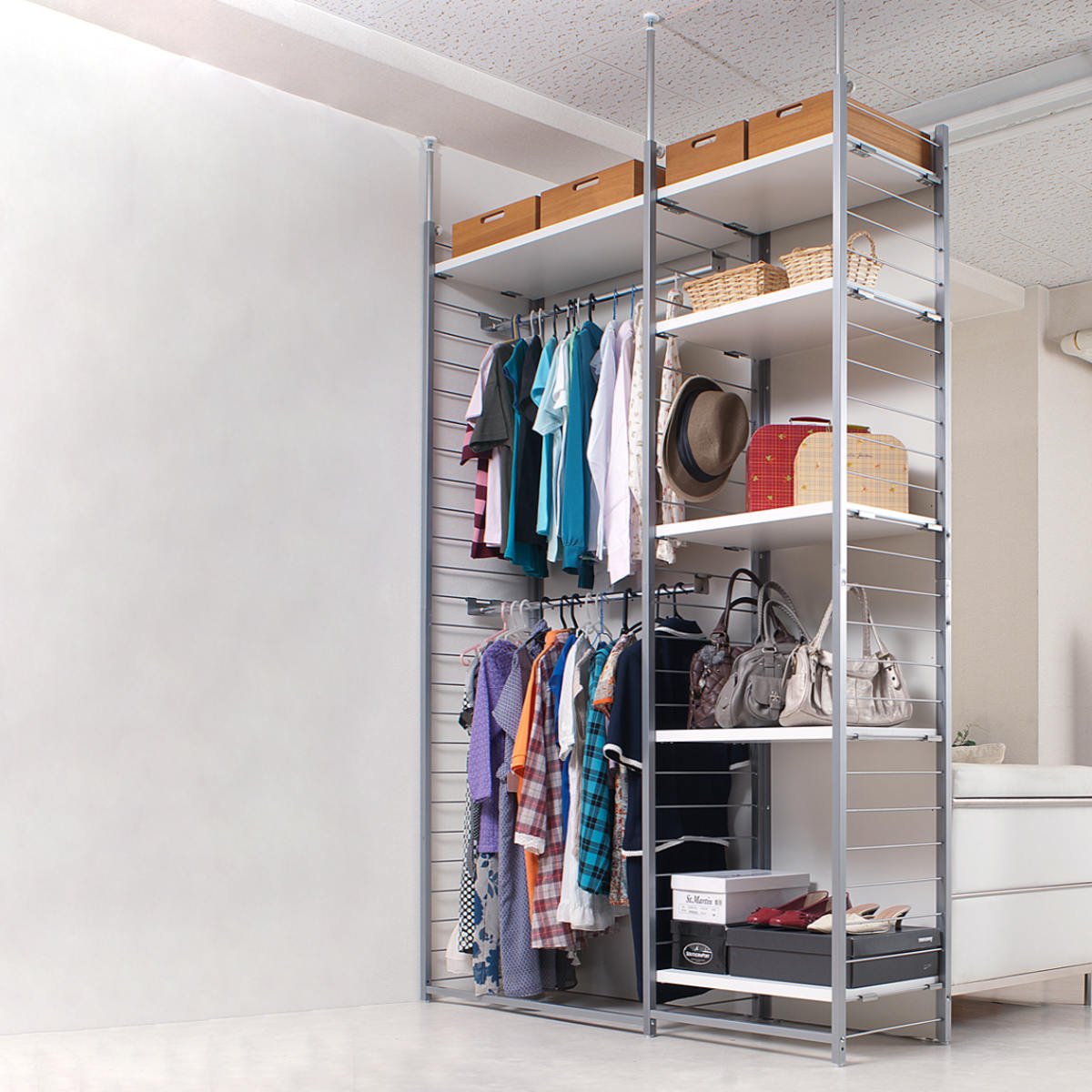 突っ張り 間仕切りワードローブ 幅60cm 背板無し ホワイト （ 突っ張り