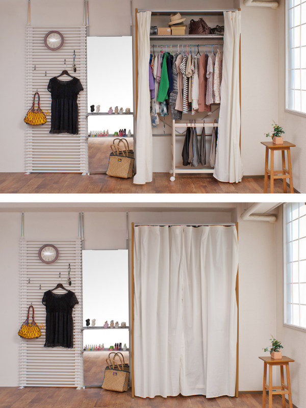 伸縮クローゼット 幅128-205cm ハンガーラック 上棚・カーテン付 日本