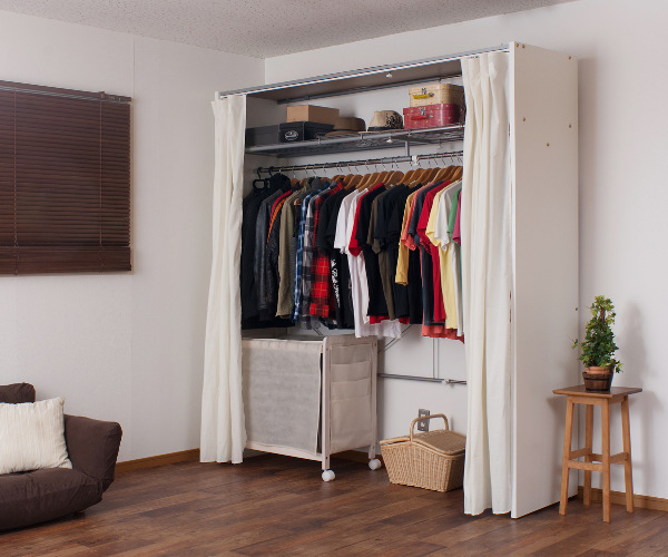 伸縮クローゼット 幅128-205cm ハンガーラック 上棚・カーテン付 日本