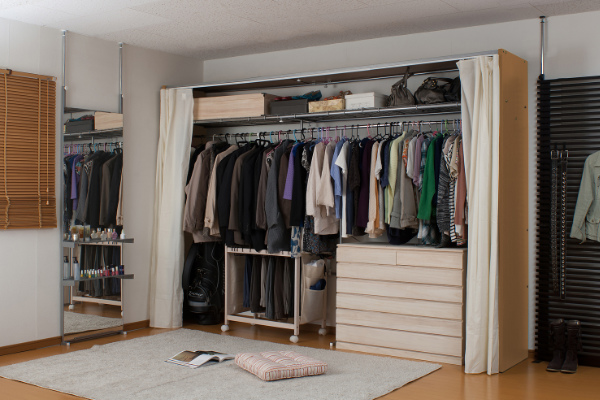 伸縮クローゼット 幅188-305cm ハンガーラック 上棚・カーテン付 日本