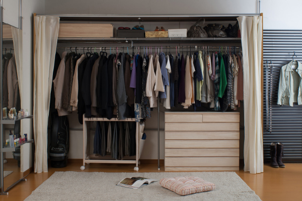 伸縮クローゼット 幅188-305cm ハンガーラック 上棚・カーテン付 日本