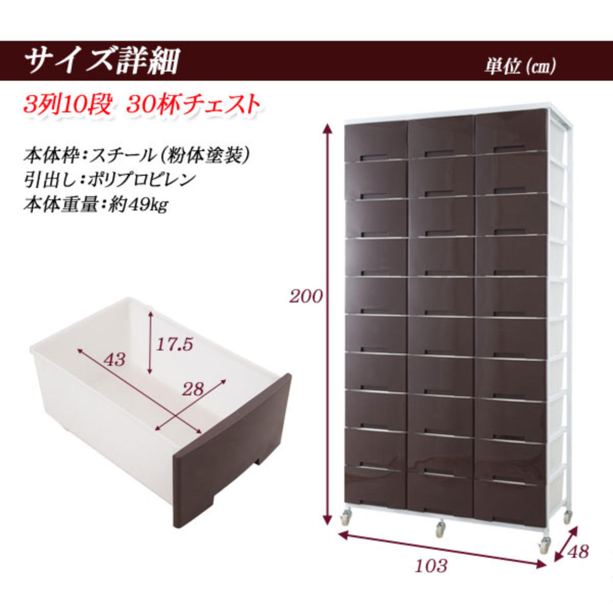 NASA 衣装ケース 大量収納プラスチックチェスト 3列10段 （ 幅103×奥行