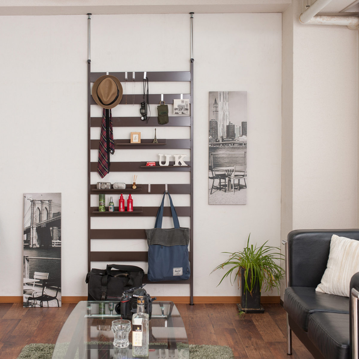 突っ張りラダーラック 幅広ラダーラック 幅86cm 棚板4枚付き （ 壁面