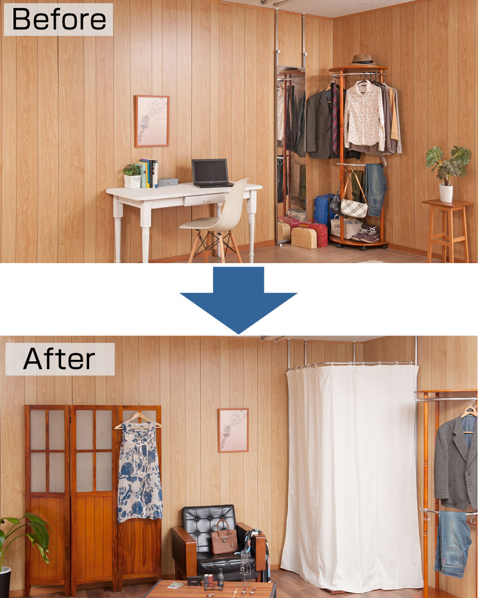 突っ張り カーテン L字コーナー 幅90cm 日本製 （ つっぱり L字 目隠し