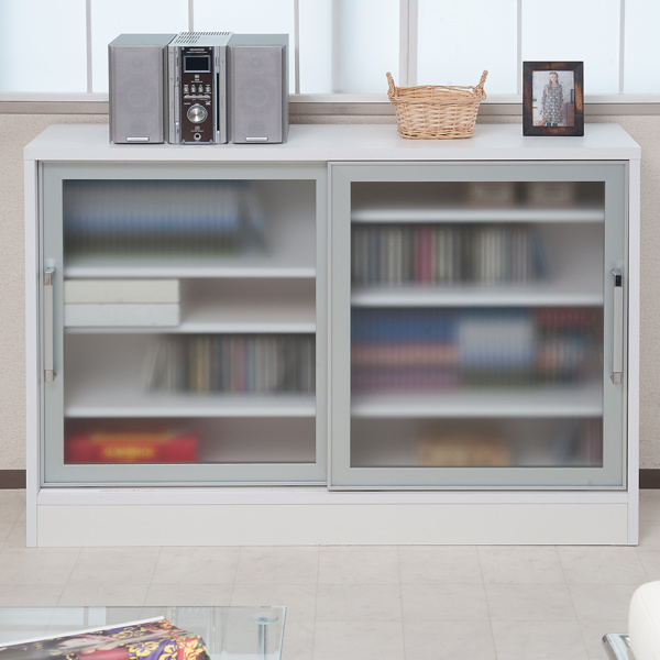 カウンター下収納 キャビネット ガラス引戸 アルミ枠 幅118cm