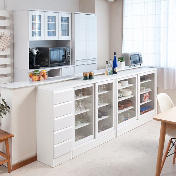 カウンター下収納 ガラス引き戸 シンプルデザイン 約幅121cm