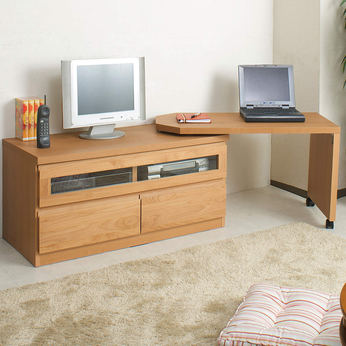 伸縮 テレビ台 回転盤付 アルダー前板 幅107〜166cm ナチュラル