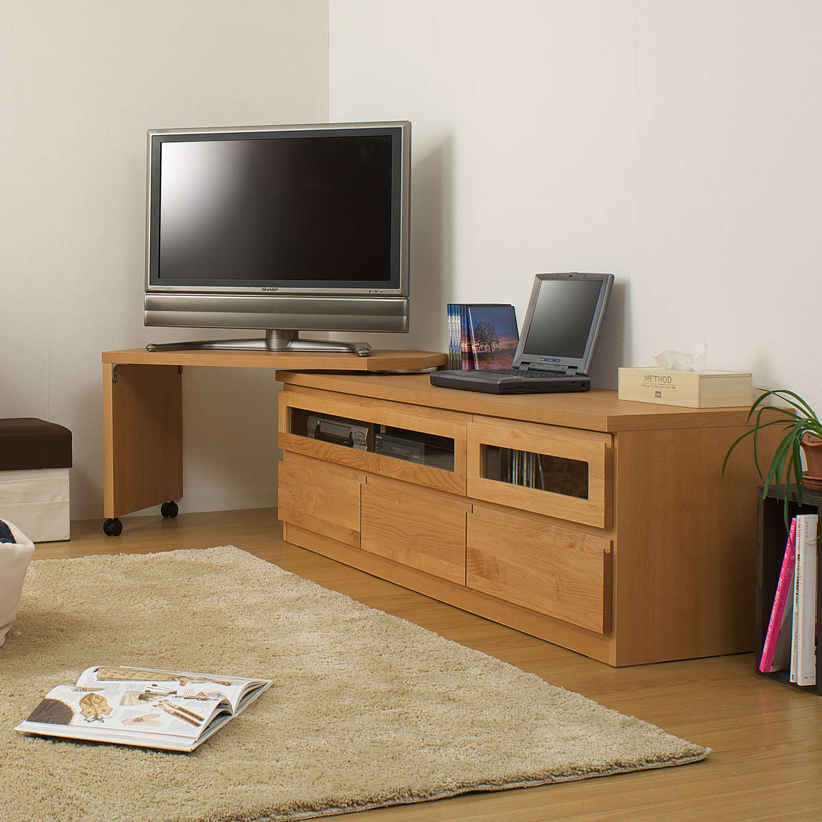 伸縮 テレビ台 回転盤付 アルダー前板 幅156〜215cm ナチュラル