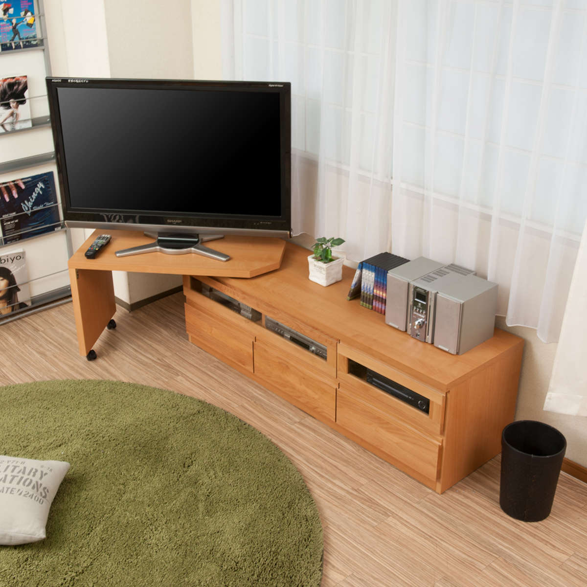 伸縮 テレビ台 回転盤付 アルダー前板 幅156〜215cm ナチュラル