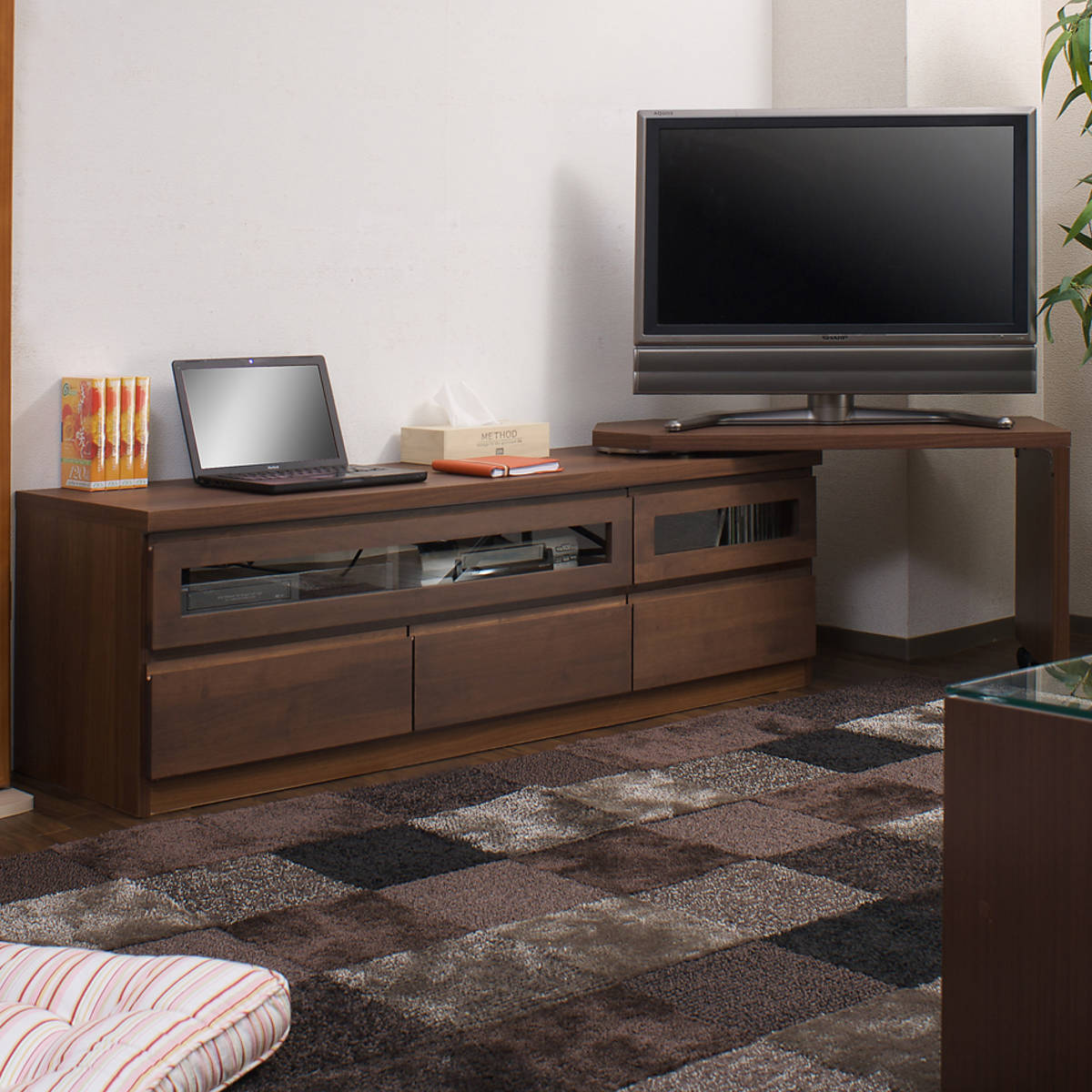 伸縮 テレビ台 回転盤付 アルダー前板 幅156〜215cm ダークブラウン