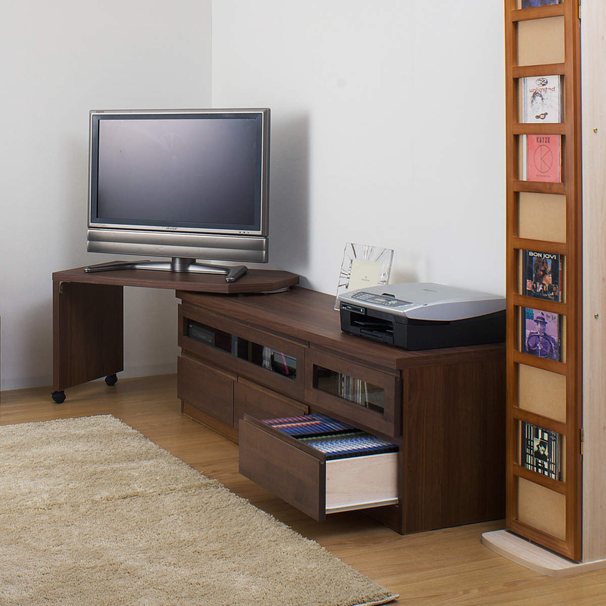 伸縮 テレビ台 回転盤付 アルダー前板 幅156〜215cm ダークブラウン