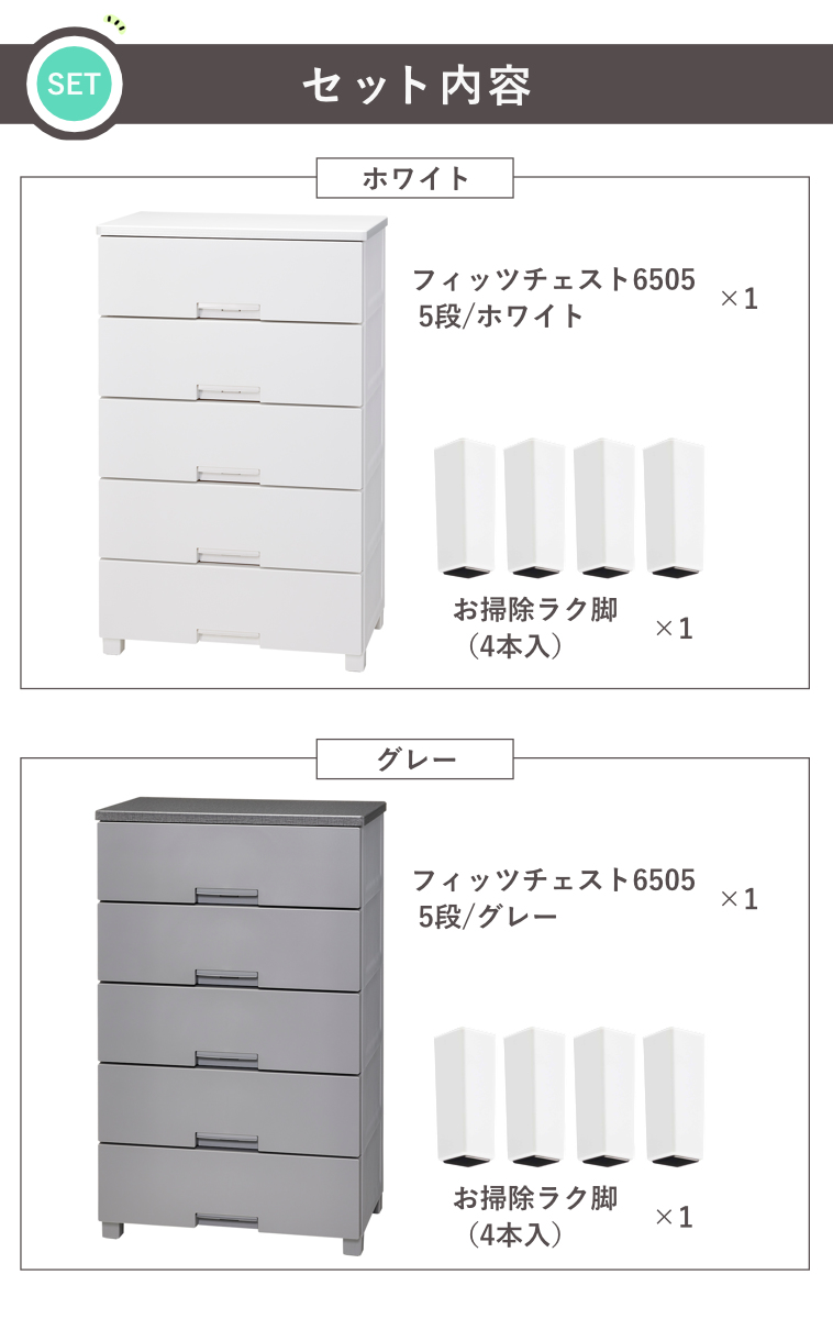 Fits チェスト お掃除ラク脚付き フィッツチェスト 6505 5段 幅65×奥行