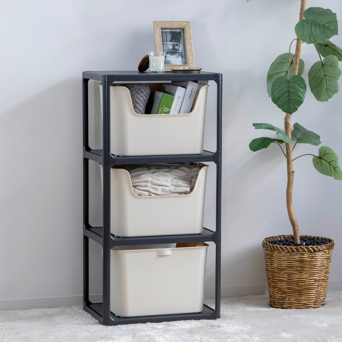 SANKA ラック 3段 収納ボックス付き カタス 組立品 日本製