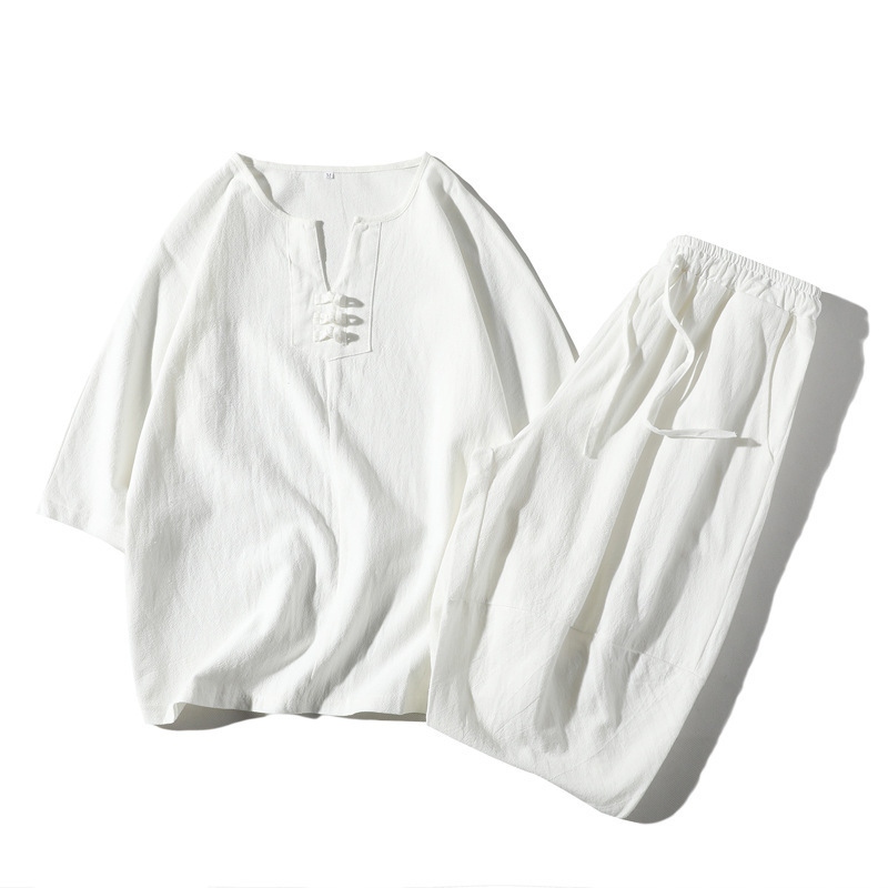 綿麻上下セット セットアップ リネン メンズ 父の日  サルエルパンツ ルームウェア 半袖 Tシャツ パンツ  部屋着 プレゼント ギフト