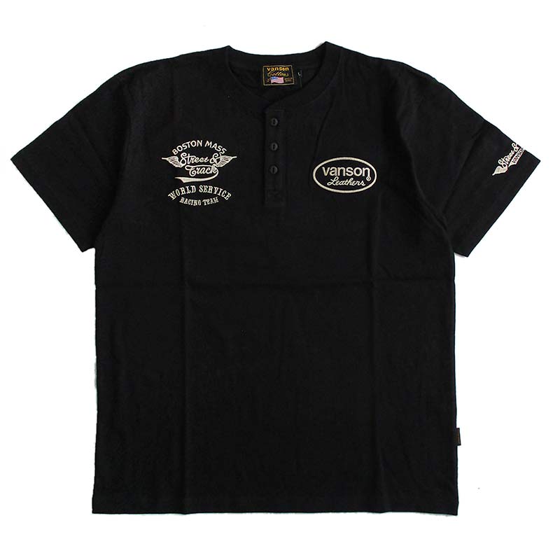 VANSON バンソン 半袖Tシャツ バイカー 刺繍 デカロゴ ブラック M VANSON（バンソン） メンズ ヘンリーネック 半袖Tシャツ チェーン刺繍