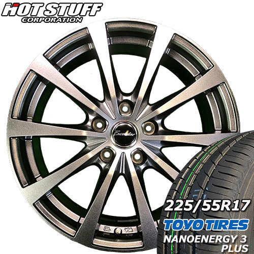 【2023年 トーヨー NANOENERGY 3 PLUS 225/55R17】【HOT STUFF Exceeder E03 ダークシルバー 17×7.0J IN38 5H PCD114.3】タイヤ ホイール 17インチ :EHOT 75:タイヤショップツーエル