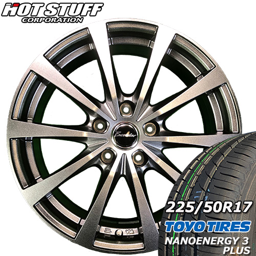 【2023年 トーヨー NANOENERGY 3 PLUS 225/50R17】【HOT STUFF Exceeder E03 ダークシルバー 17×7.0J IN38 5H PCD114.3】新品 タイヤ ホイール 17インチ :EHOT 88:タイヤショップツーエル