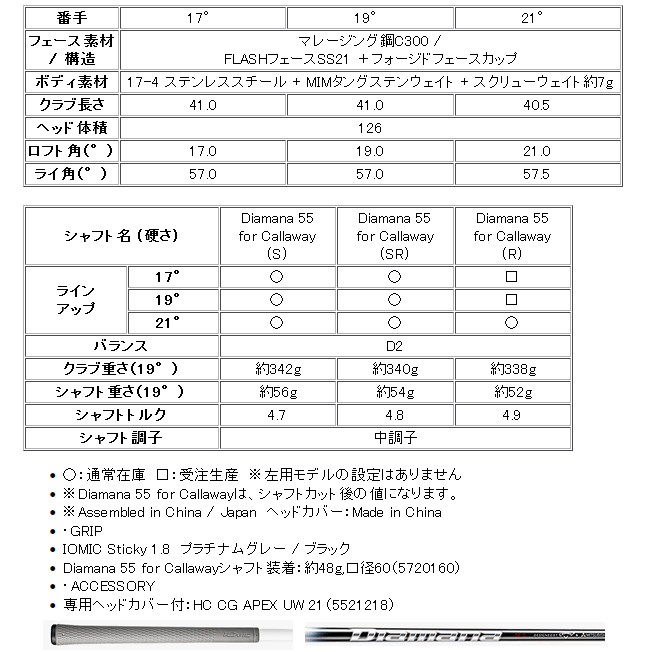 日本正規品 キャロウェイ apex 純正ディアマナ uw SR 55 21度