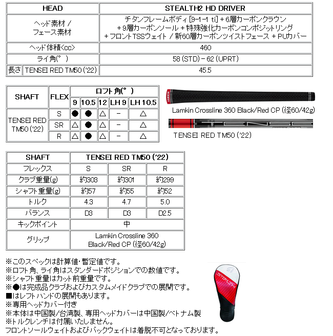 テーラーメイド ステルス2 HD ドライバー TENSEI RED TM50 (22 