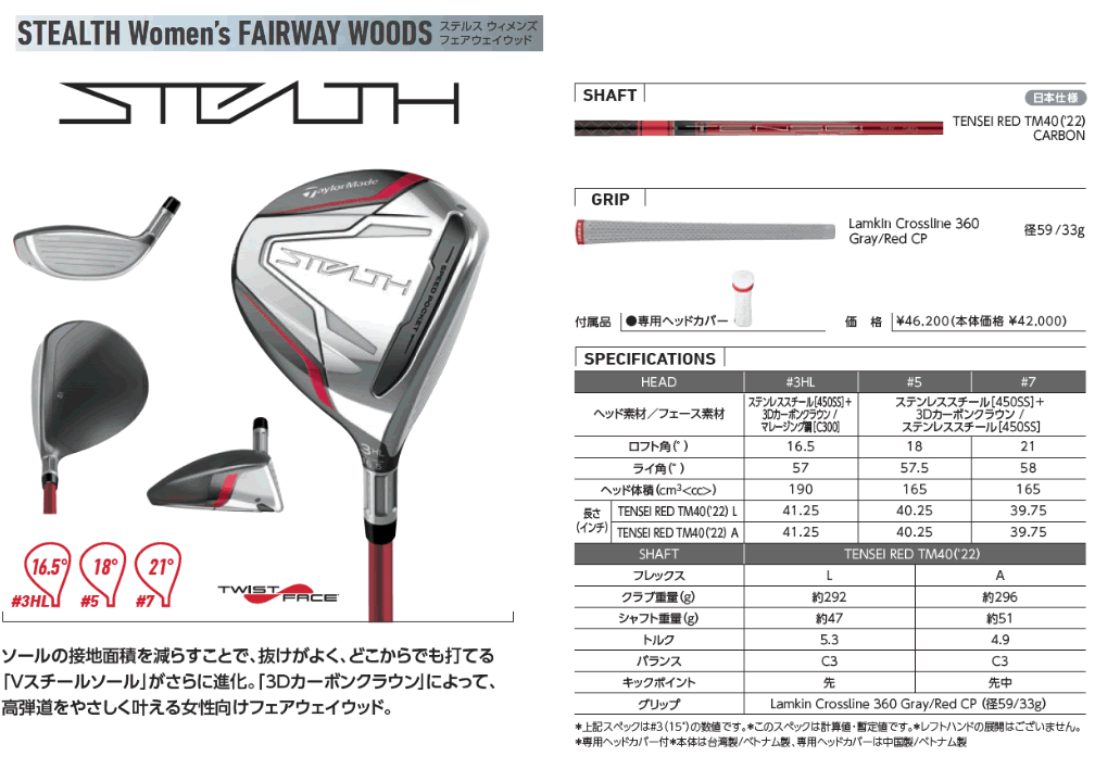 テーラーメイド ステルス ウイメンズ フェアウェイウッド TENSEI RED