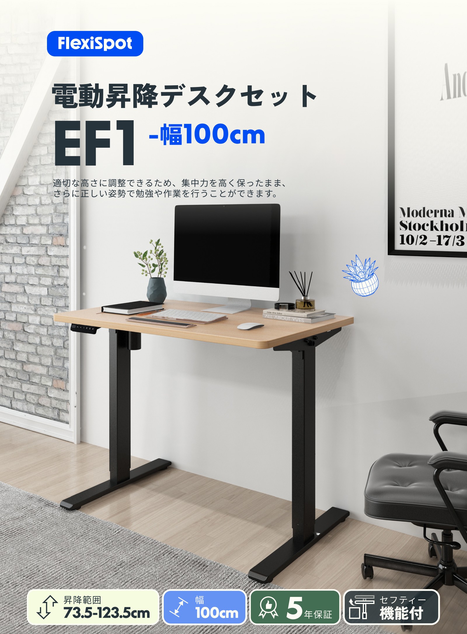 デスク 100 電動式昇降デスク FlexiSpot EF1 スタンディングデスク 昇降 パソコンデスク 事務机 PCデスク 学習机 勉強机 オシャレ  コンパクトデスク 幅100 : ef1-pr1006-all : FlexiSpotヤフー店 - 通販 - Yahoo!ショッピング