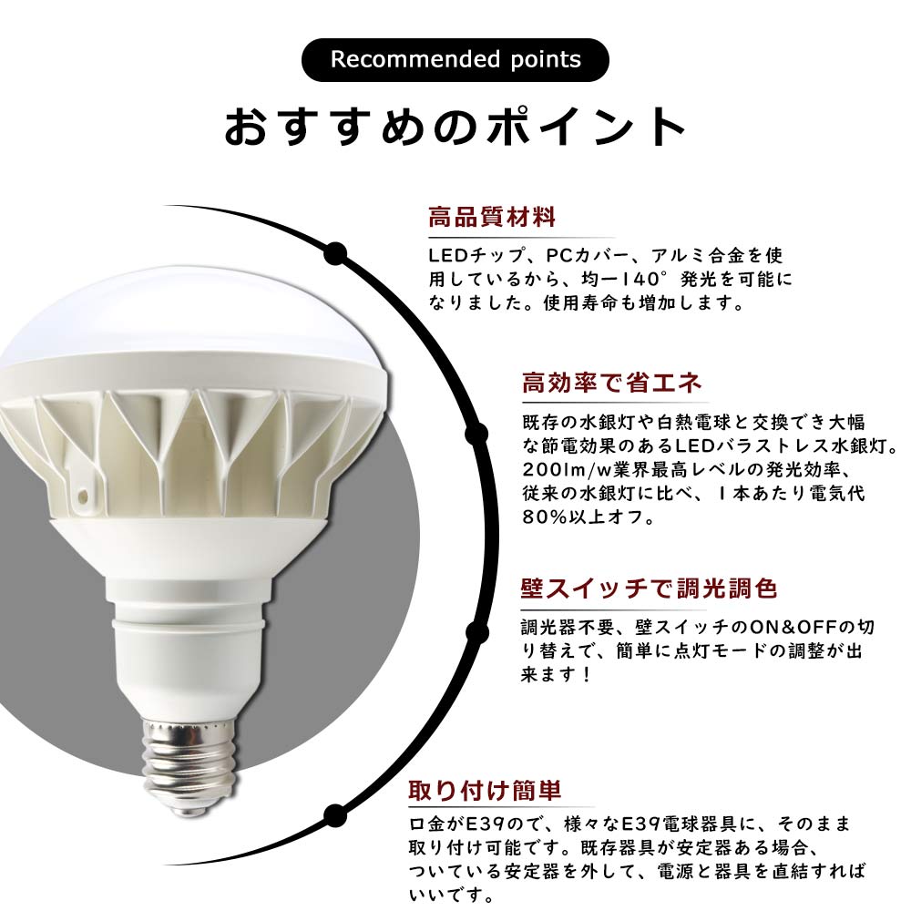 LEDバラストレス水銀灯 par56 調光調色LED電球 消費電力60w 12000lm E39口金 照射角度140° IP65防水 軽量 スポット照明 看板照明 密閉型器具対応 1年保証｜lohas-lohas-shop｜03