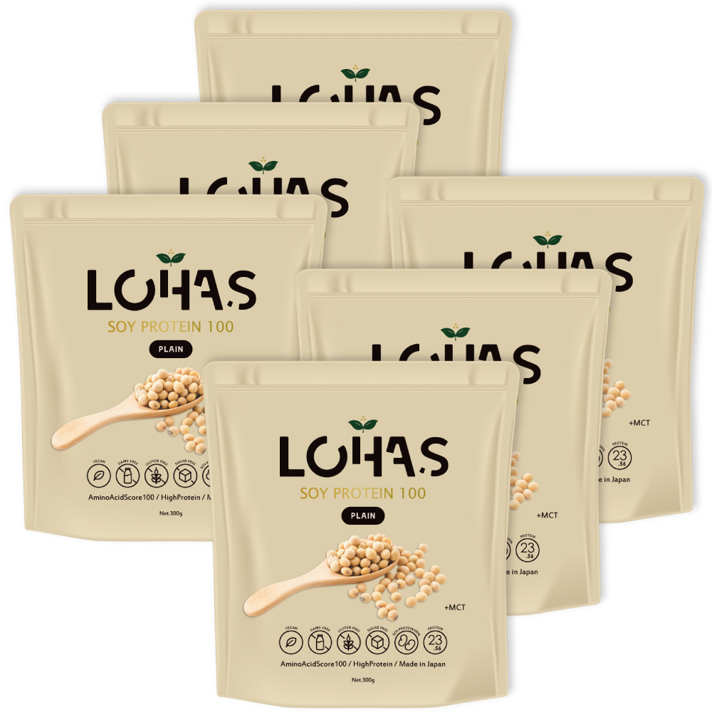 ソイプロテイン 300g×6個セット ロハス 人工甘味料不使用 低脂質 植物性100% ハイチョコレート コーヒー風味 黒糖きなこ プレーン+MCT 母の日の画像
