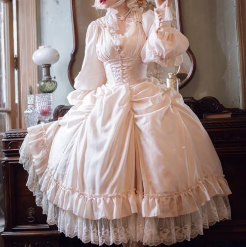 ロリータ服 ロリータファッション クラシカルワンピース 2色 春秋 春夏 パフスリーブ ロング ウエストマーク クラシカル クラロリ 姫ロリ 撮影 エの画像