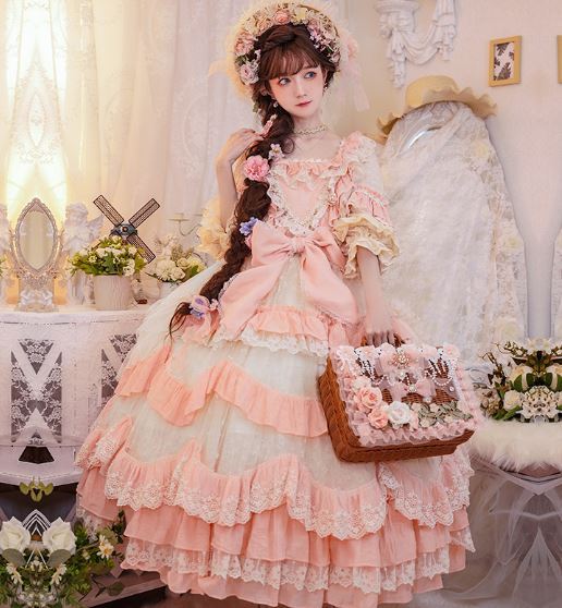 【M即納あり】ロリータ服 ロリータファッション ドレスワンピース 春夏 ワンピースのみ 七分袖 フリル袖 パフスリーブ 姫袖 花嫁 ウエディングドレスの画像