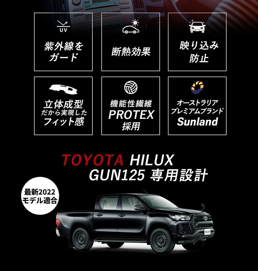 トヨタ ハイラックス GUN125 2017-2022 ダッシュボードマット Sunland 