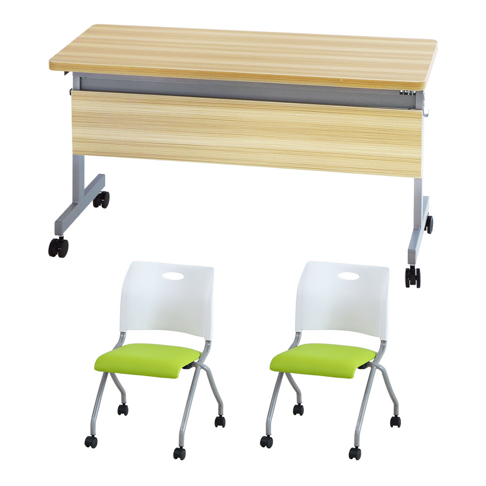 法人限定  フォールディングテーブル スタッキングチェア セット 2人用 幅1200×奥行450mm 幕板付き 会議用テーブル ミーティングチェア GLF-1245M-Rap-NC2の画像