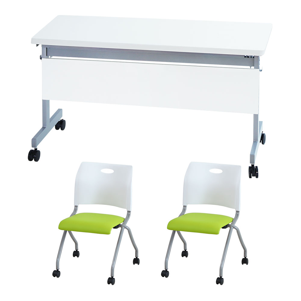 法人限定  フォールディングテーブル スタッキングチェア セット 2人用 幅1200×奥行450mm 幕板付き 会議用テーブル ミーティングチェア GLF-1245M-Rap-NC2の画像