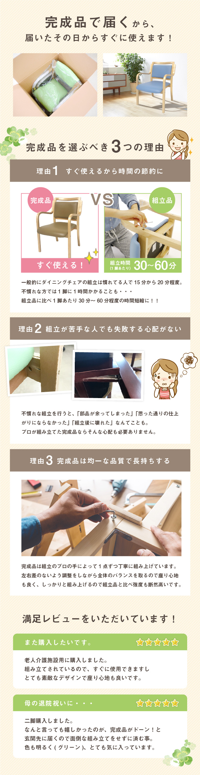 組立不要の完成品ですぐ使える プロが組立てた均一な品質